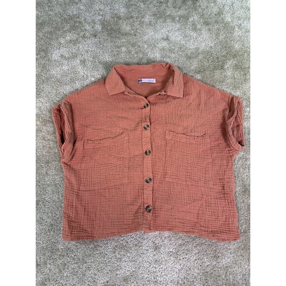 SO Womens Shirt Orange Small Short Sleeve Cropped Button Up Pocket Collared D950 - Picture 1 of 9